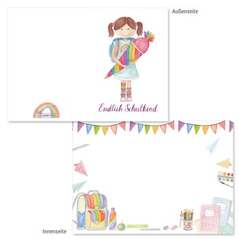 Carte pliée "Enfin un écolier", cône scolaire arc-en-ciel pour filles, coloré, A6, avec enveloppe, VE 6 2