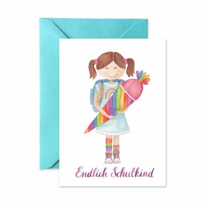 Folded card "Finally a school child", girls rainbow school cone, colored, A6, with envelope, VE 6