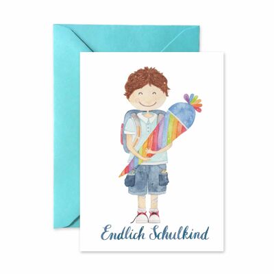 Folded card "Finally a school child", boy rainbow school cone, colored, A6, with envelope, VE 6