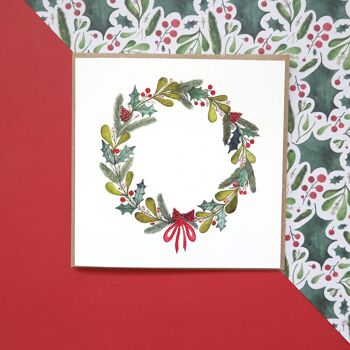 Carte pliée, guirlande de Noël, ilex et gui, vert, carré, avec enveloppe, VE 6 2