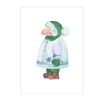 Postcard, gnome, green, A6, watercolor, VE 6