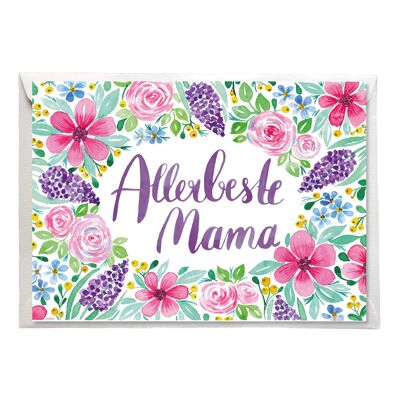 Postal "Very best Mama", flores, colores, A6, con sobre, VE 6