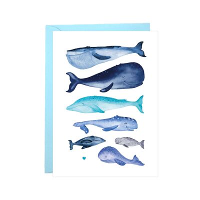 Postal, ballenas felices con corazón, azul, A6, con sobre, VE 6