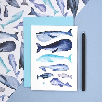 Carte postale, baleines heureuses avec coeur, bleu, A6, avec enveloppe, VE 6 3