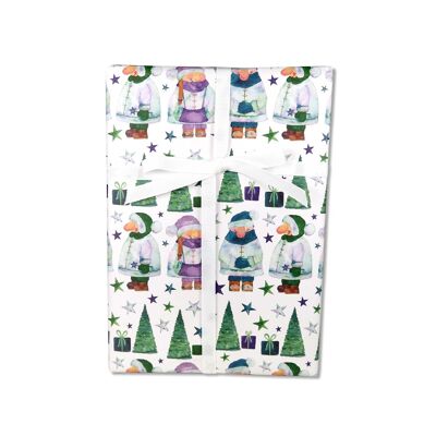 Papier cadeau, lutins de Noël, vert, violet, bleu, feuille 50 x 70 cm, UE 10