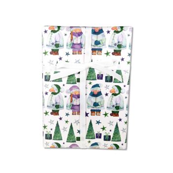 Papier cadeau, lutins de Noël, vert, violet, bleu, feuille 50 x 70 cm, UE 10 1