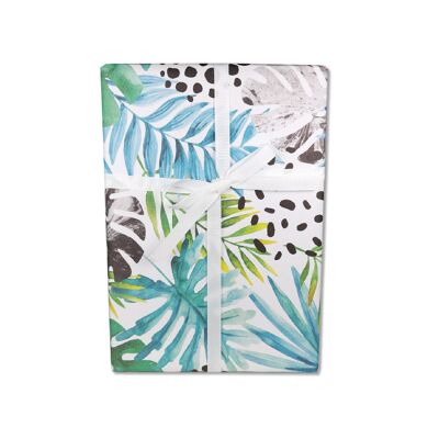 Papel de regalo, palma y monstera, verde, azul, hoja 50 x 70 cm, PU 10