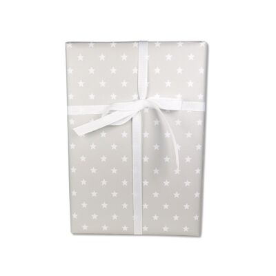 Papel de regalo, estrellas blancas sobre gris, fresco y brillante, hoja 50 x 70 cm, PU 10