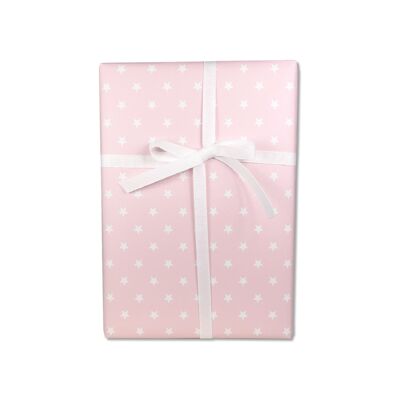 Papier cadeau, étoiles blanches sur rose, rêveur et romantique, feuille 50 x 70 cm, lot de 10