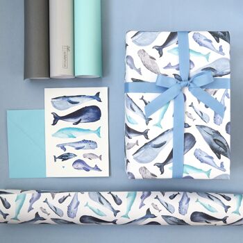Papier cadeau, Happy Whales, bleu, feuille 50 x 70 cm, UE 10 3