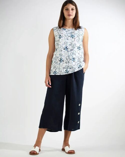 "Fiore Blu" embroidered Linen Top   3482