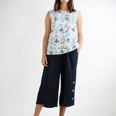 "Fiore Blu" embroidered Linen Top   3482