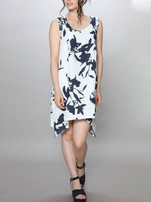 2 Pocket Mono Print Linen Tunic Dress 3240 | Navy