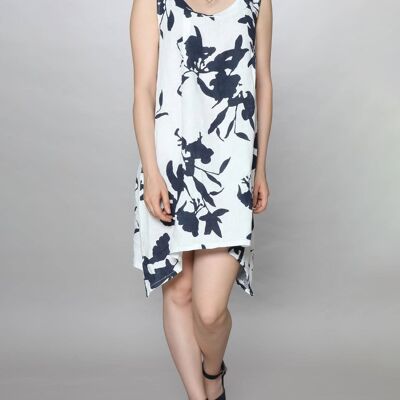2 Pocket Mono Print Linen Tunic Dress 3240 | Navy
