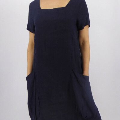 2 Pocket Square Neckline Linen Dress 9195