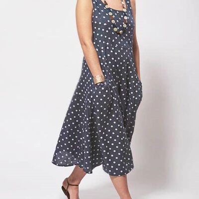 Pinafore Style Linen Dress In Lovely Polka