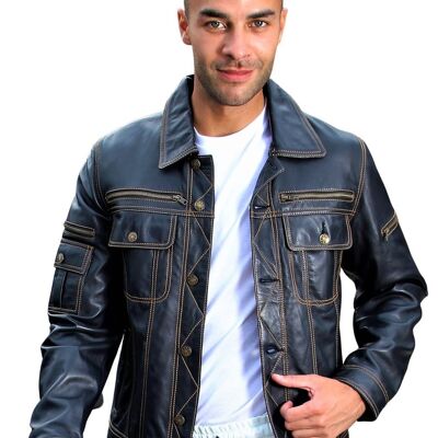Jeans-style leather jacket made of GENUINE leather in dark blue