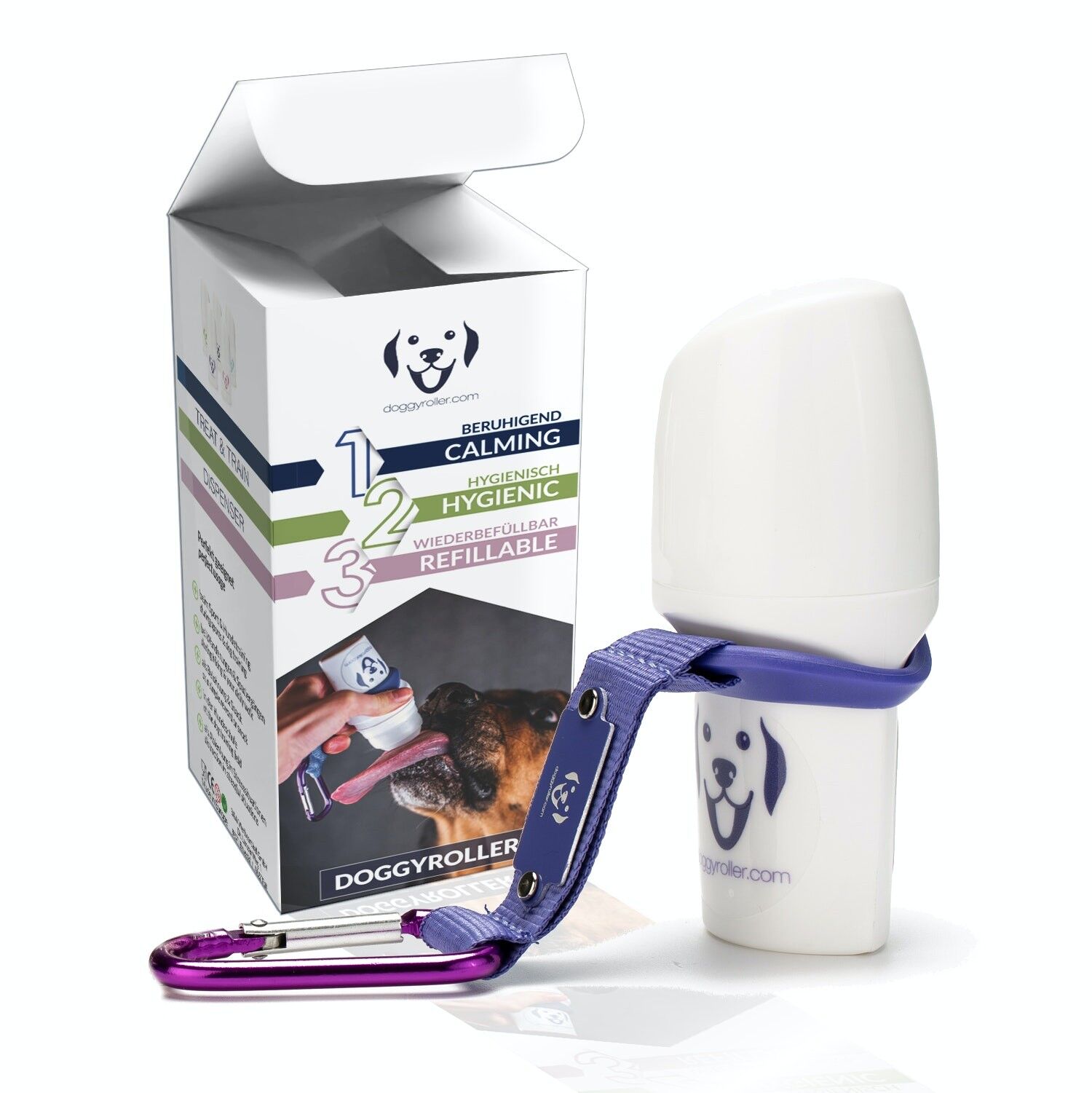 Rodillo para perros con mosquetón morado - lame para calmarse - para mascotas