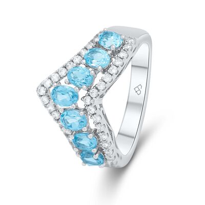 Attraente anello con pietre di topazio azzurro svizzero e zirconi naturali in argento sterling 925, anello dal design quotidiano