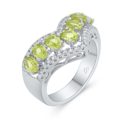 Elegante anello con pietre naturali di peridoto verde e zirconi, pietra natale di agosto e argento sterling