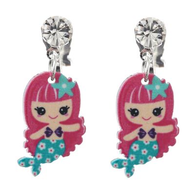 Pendientes De Clip Gota Sirena Floral Azul Para Niños