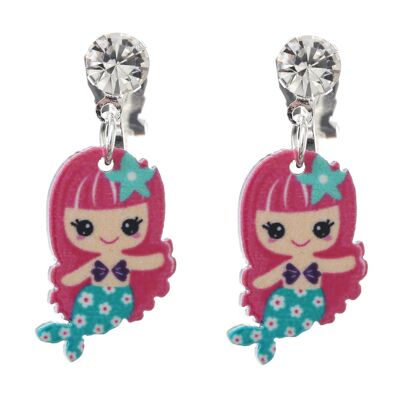 Blue Floral Mermaid Drop Clip On Earrings for Children