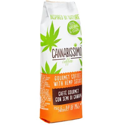 Cannabissimo-Kaffee mit Hanfsamen. Gemahlener Kaffee in Beuteln von 250 g
