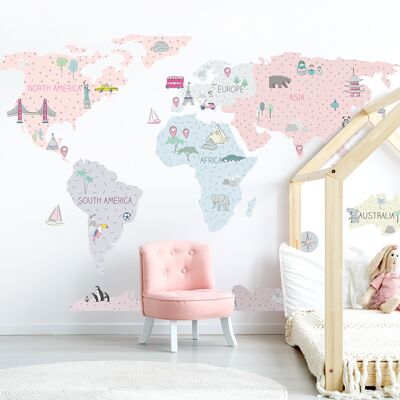 Adesivo da parete | Mappa del mondo rosa
