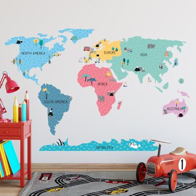 Adesivo da parete | Mappa del mondo colorata