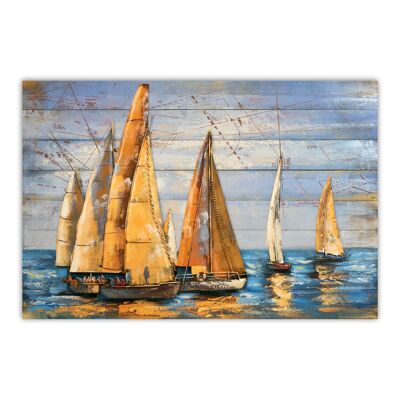 Table metal and wood wall decoration with sea theme and boats in relief in metal Size XXL 120X80