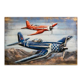 Tableau  décoration murale métal Avion de guerre en relief en métal Taille XXL 120X80 1