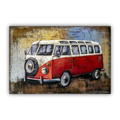 Tableau  décoration murale métal Van Volkswagen Rouge en relief en métal Taille XXL 120X80