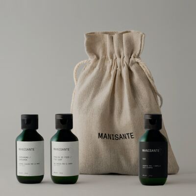 Kit de viaje / Jabón de manos, Gel de ducha, Champú, vegano, de base natural, embalaje sostenible, envases de mascotas reciclables, hecho en Italia, no probado en animales