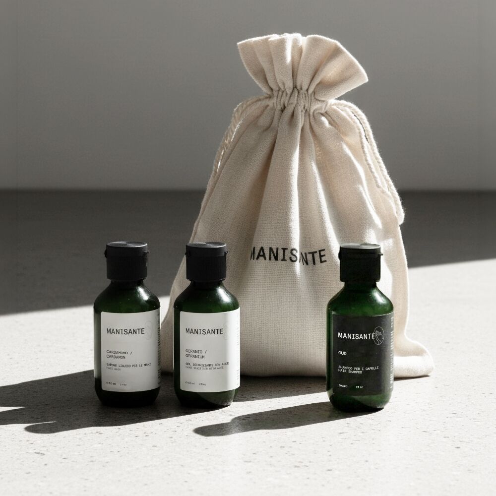 Travel Kit / Hand soap, Shower gel, Shampoo, vegan, natural based, sustainable packaging, recyclable pet containers, made in Italy, not tested on animals