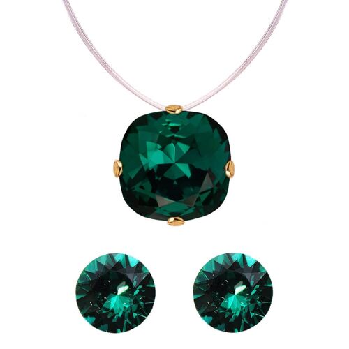 Jewellery Set 'Stud Earrings and Invisible Necklace' - Gold - Emerald