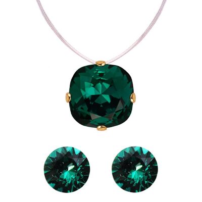 Jewellery Set 'Stud Earrings and Invisible Necklace' - Silver - Emerald