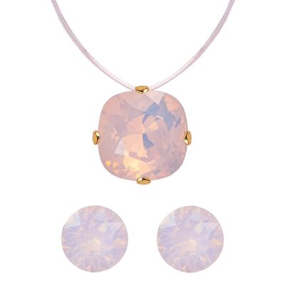 Conjunto de Joyería 'Pendientes de Botón y Collar Invisible' - Plata - Ópalo de Agua de Rosa