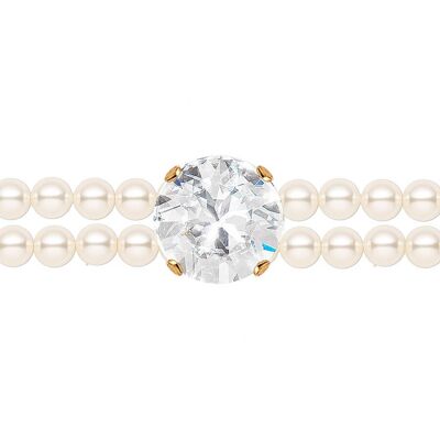 Anello di perle fini con cristallo - argento - crema - 16