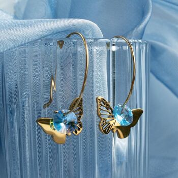 Boucles d'oreilles papillon, cristal 8mm - or - Aigue-marine 2