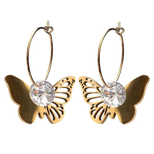 Butterfly earrings, 8mm crystal - gold - crystal