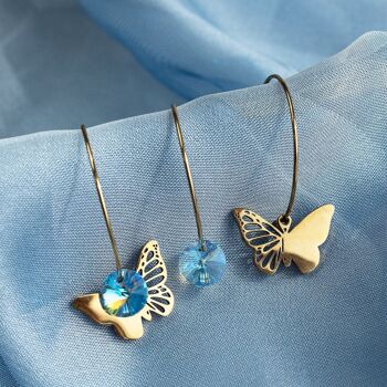 Boucles d'oreilles papillon, cristal 8mm - or - Bleu Denim 3