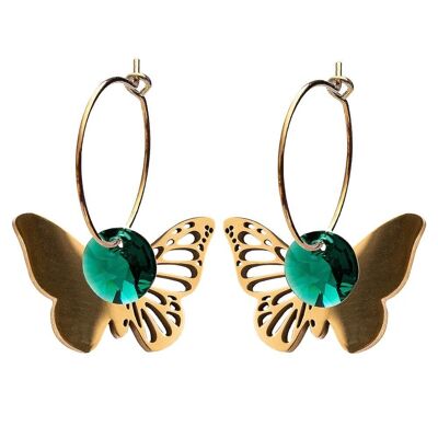 Butterfly earrings, 8mm crystal - gold - emerald