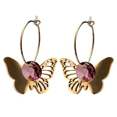 Butterfly earrings, 8mm crystal - silver - antique pink