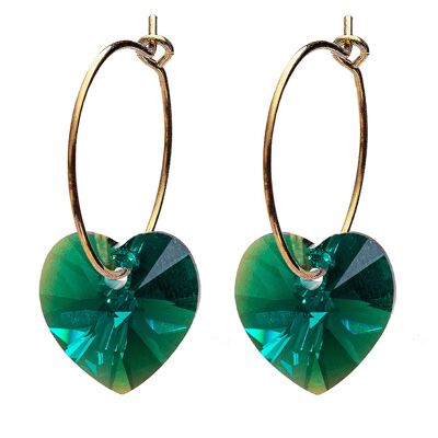 Mini -ring earrings with hearts, 10mm crystal - gold - emerald