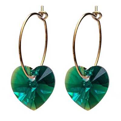 Mini -ring earrings with hearts, 10mm crystal - gold - emerald