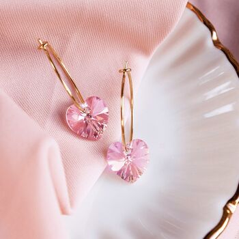 Boucles d'oreilles mini-bague avec coeurs, cristal 10mm - argent - vieux rose 2