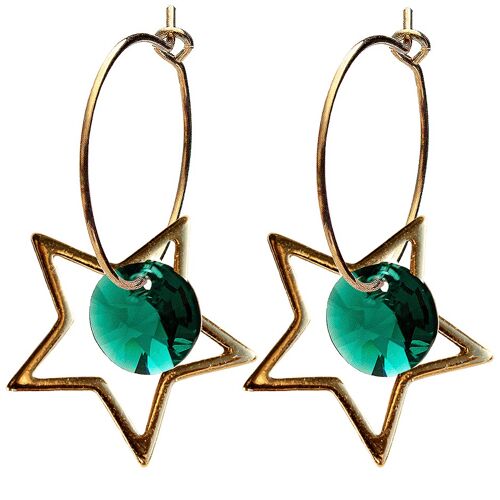 Star earrings, 8mm crystal (gold finish only) - silver - emerald