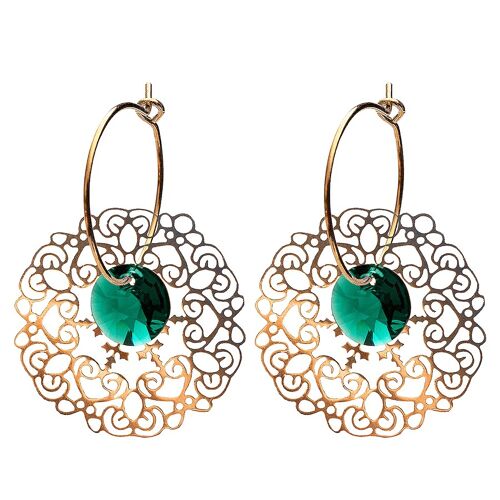 Lace earrings, 8mm crystal - silver - emerald