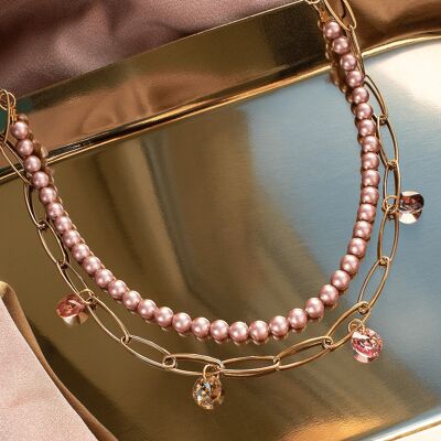Neck chain with pearls and crystals (gold finish only) - Powder Rose