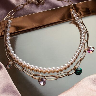 Neck chain with pearls and crystals (gold finish only) - Cream